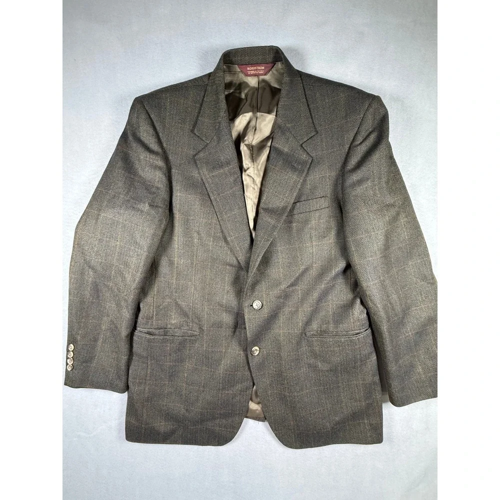 Nordstrom Mens Brown Herringbone Wool Windowpane Sport Coat Blazer Tailored USA
